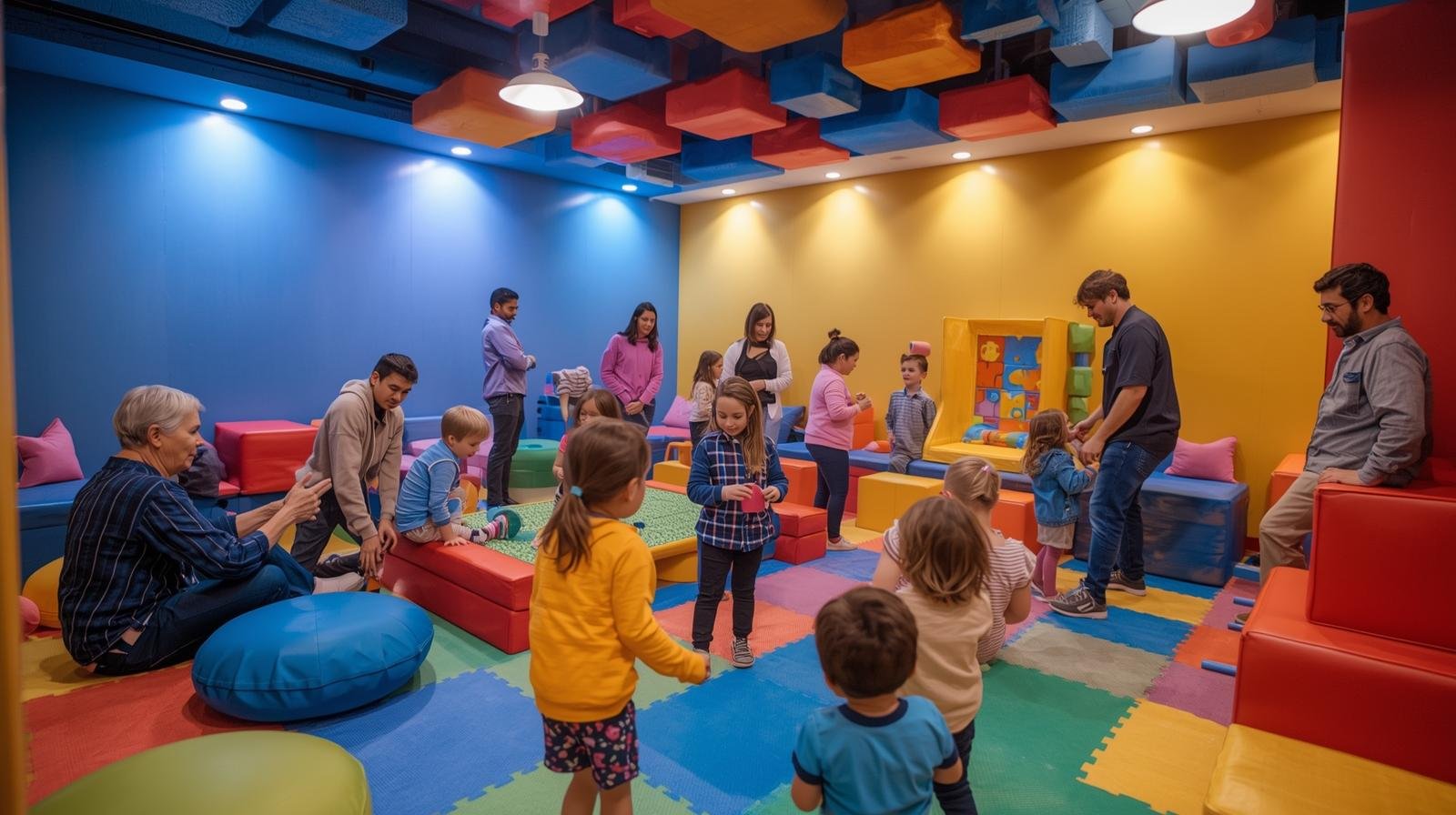 Autism sensory play room with parents and children, inclusive therapy environment