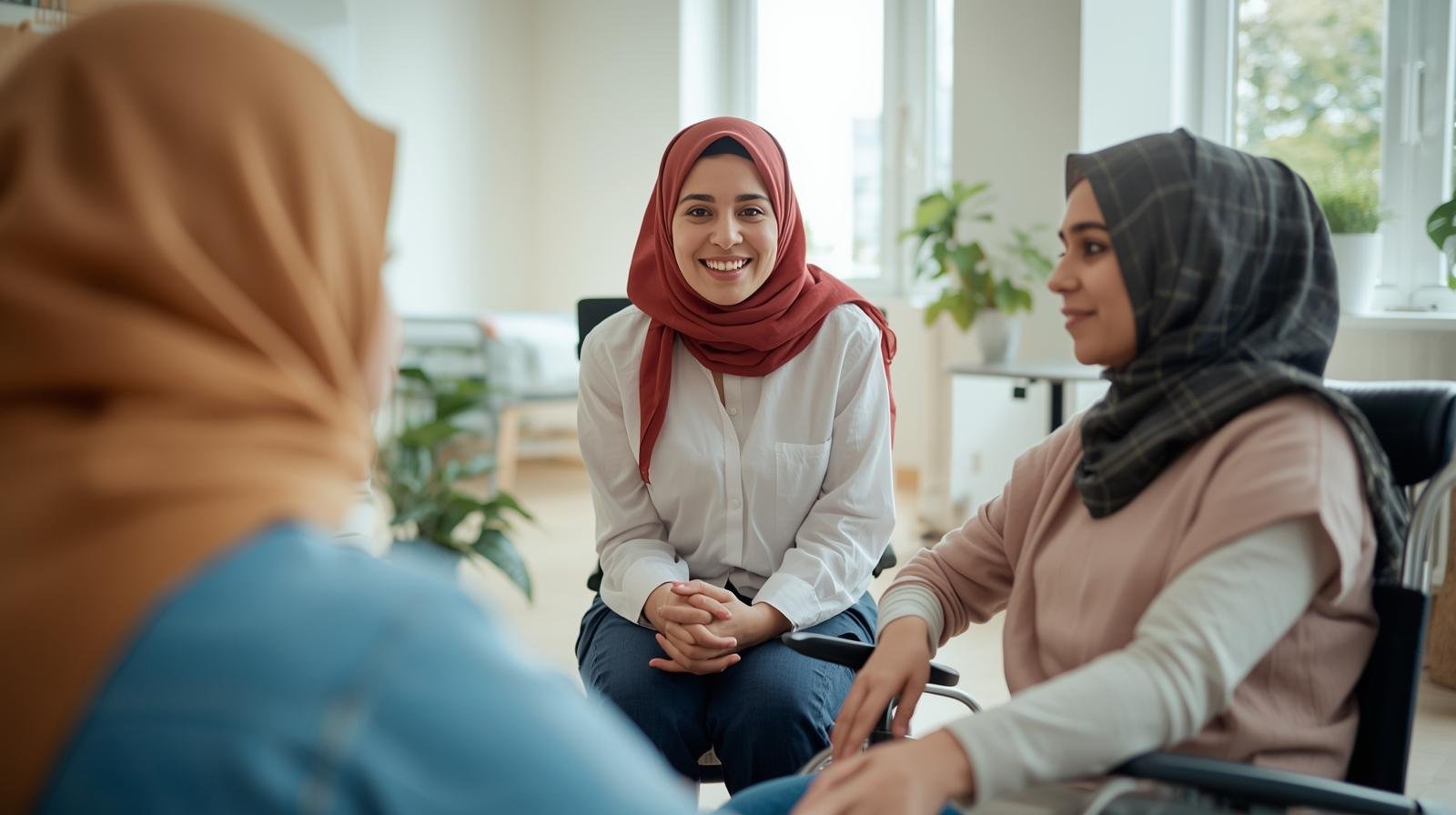 Family support session in modern rehabilitation center, middle eastern family (any woman phot must be in hijab) (2)