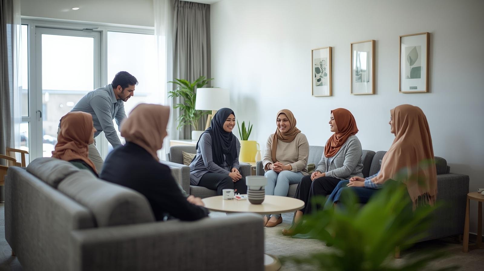 Family support session in modern rehabilitation center, middle eastern family (any woman phot must be in hijab)