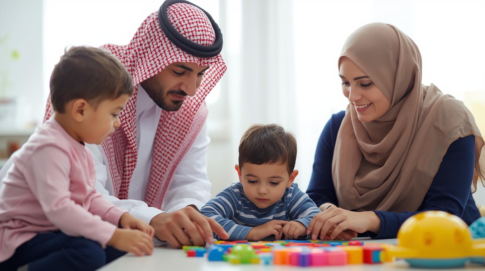 Saudi father in thobe and mother in hijab helping kids in autism therapy activities (2)