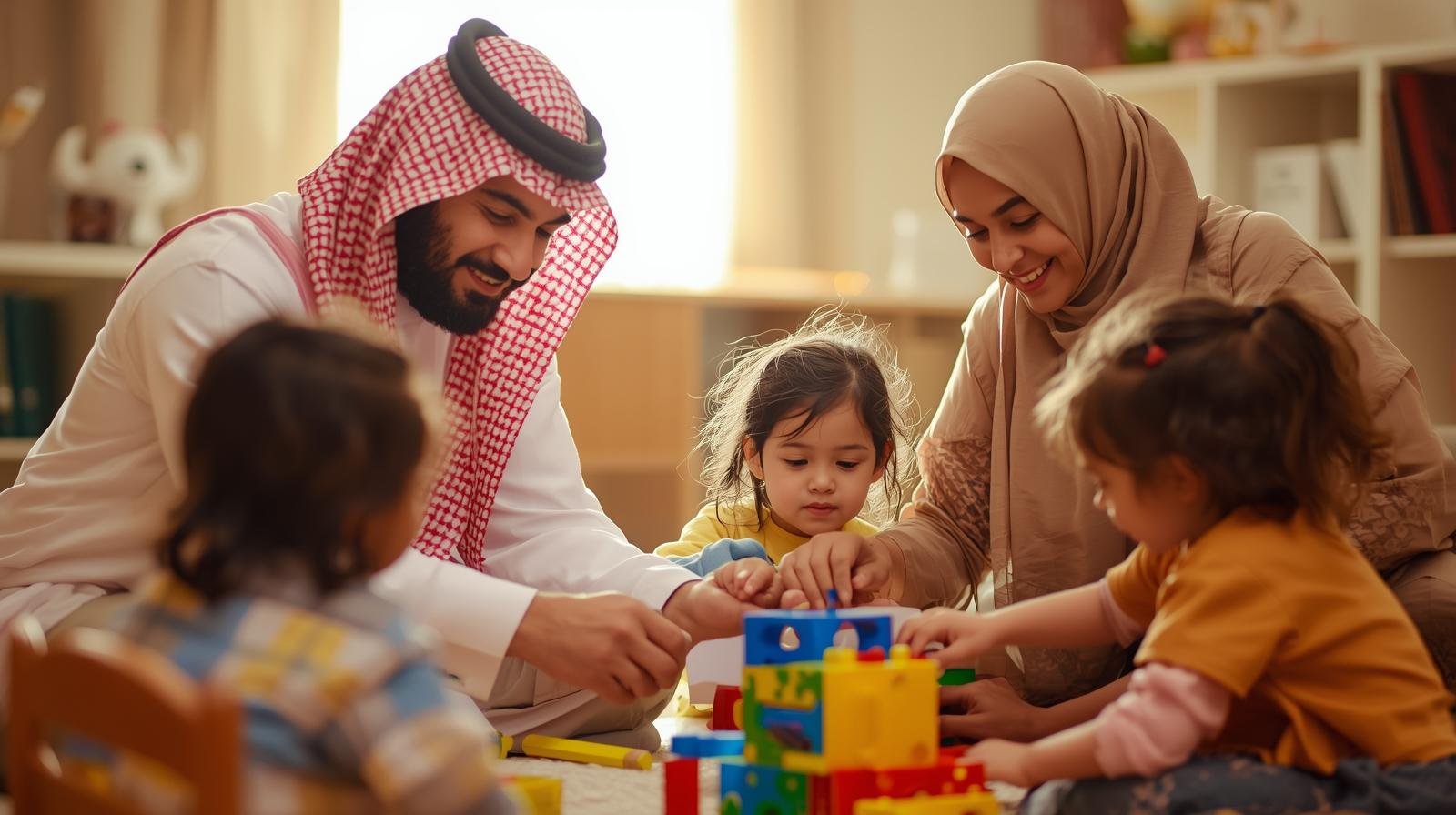 Saudi father in thobe and mother in hijab helping kids in autism therapy activities (3)