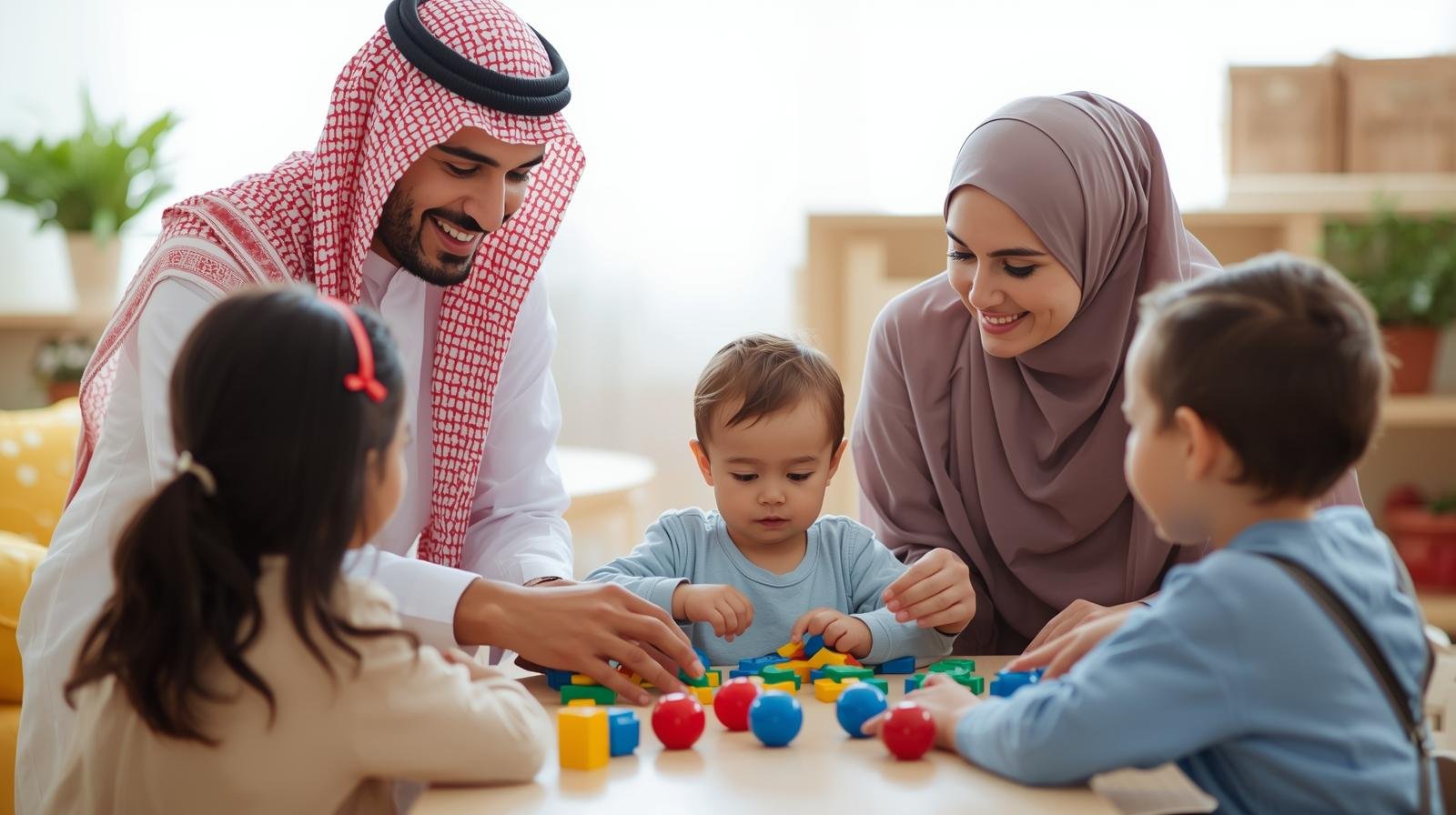 Saudi father in thobe and mother in hijab helping kids in autism therapy activities